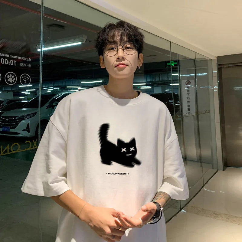 jinran Men's Oversized T-shirts Cotton T Shirt White for Men Casual Summer Wear Cat Anime Print Fashion Tee Shirts Men Clothing