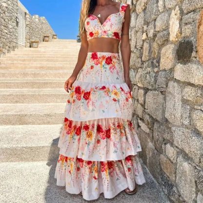 jinran 2024 Dress Women Summer V Neck Spaghetti Strap Floral Sleeveless Casual Split Long Maxi Dress Halter Cover Up