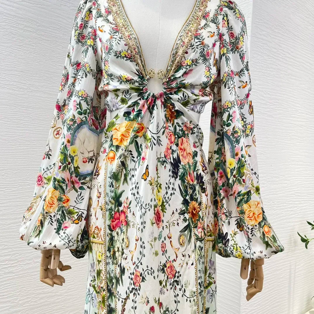 jinran White Floral Print Long Sleeve Cut Out Ankle-length Dress