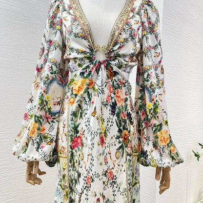 jinran White Floral Print Long Sleeve Cut Out Ankle-length Dress