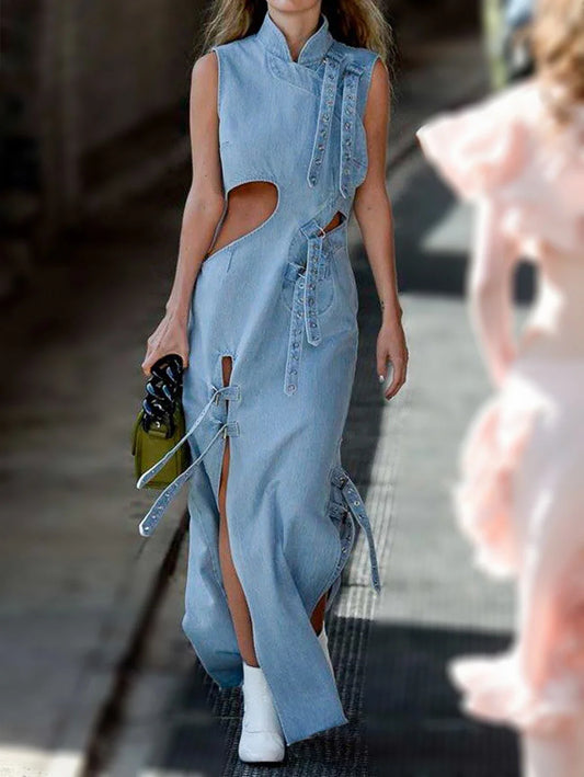 jinran Women Denim Dress Fashion High Waist Hollow Out Long Party Dress Sexy Cutout Sleeveless Thigh Stand Collar Slit Maxi Dresses