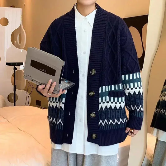 Autumn Knitted Sweater Men Causal Sweaters Coats Vintage Single Breasted Cardigans Mens Korean Oversized Loose Sweater Pullovers