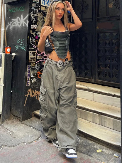 jinran Women's High Waisted Cargo Pants Travel Y2K Streetwear Baggy Stretchy Pants with 6 Pockets Drawstring Ankle Cuffs
