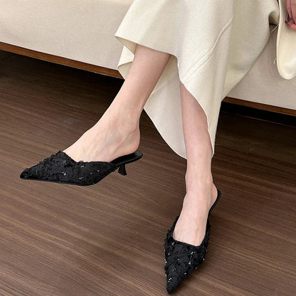 jinran 2024 Summers Women Mules Slippers Fashion Elegant Shallow Pointed Toe Slides Shoes Ladies Outdoor Dress Low Heel Sandalias