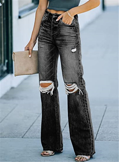 jinran High Waist Autumn New Retro Flared Pants Loose Casual Ripped Wide Leg Pants Straight Leg Jeans Women's Street Pants