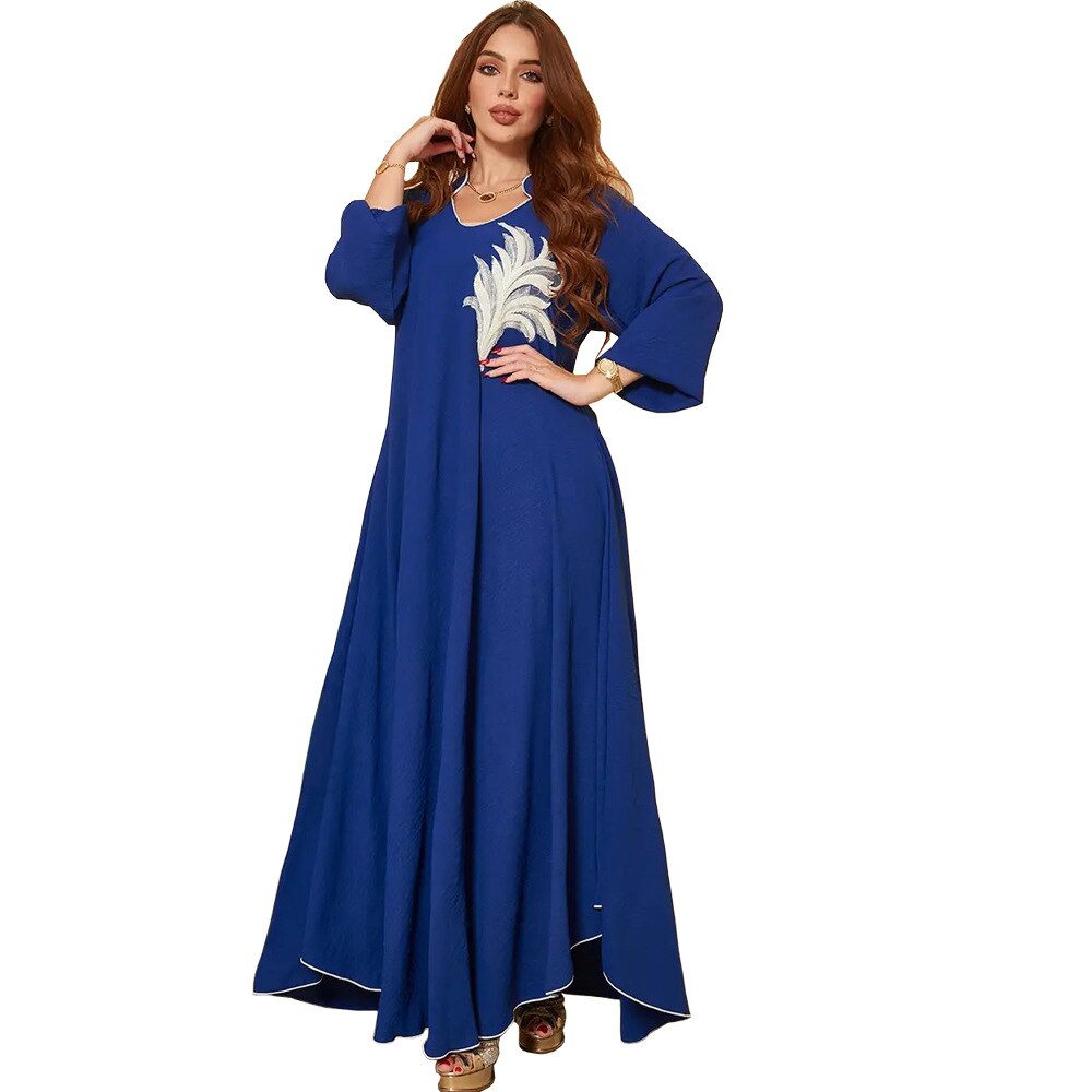 jinran Casual New Style Round Neck Fine Plain Color Polyester Muslim Southeast Asian Women's Chest Applique Dress Ab173