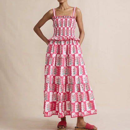 jinran Summer Pattern Print Spaghetti Strap Dress New Sleeveless Ruffles Ball Gown Dress Female Slash Neck Vacation Beach Pleated Dress