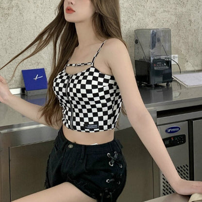 jinran Black White Plaid Crop Top Women Design Zipper Camisole Slim Sexy Tank Top French Chic Sports Bandeau Girl Summer 2022 New