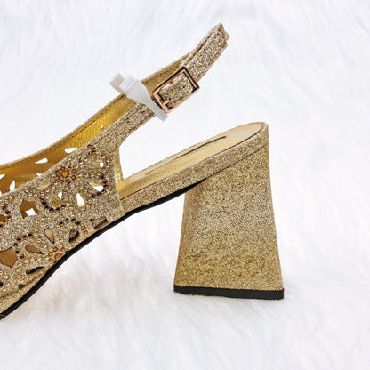 jinran Newest Gold Color Cutout High Heels Decorated with Rhinestone Flower Design Party Women's Shoes and Bags Set