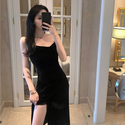 jinran New Vintage Women Dress Spaghetti Strap Slit Velvet Black Dress Sexy Bodycon Bandage Dress Midi Party Dress Verano Vestidos