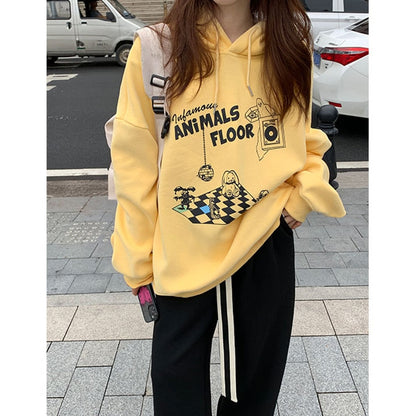 jinran Korean Grey New Autumn Clothing Vintage Loose Pullover Fashion Letter Print Sweatshirt Lazy Casual Raglan Sleeves Hoodie Ladies