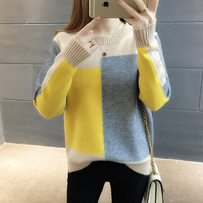 jinran Casual Irregular Autumn Winter O-Neck Women's Clothing Spliced Medium Strech Patchwork Thick Loose Bright Colors Pullovers New