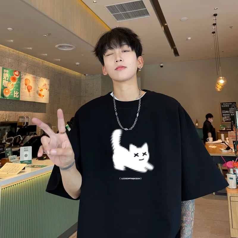 jinran Men's Oversized T-shirts Cotton T Shirt White for Men Casual Summer Wear Cat Anime Print Fashion Tee Shirts Men Clothing