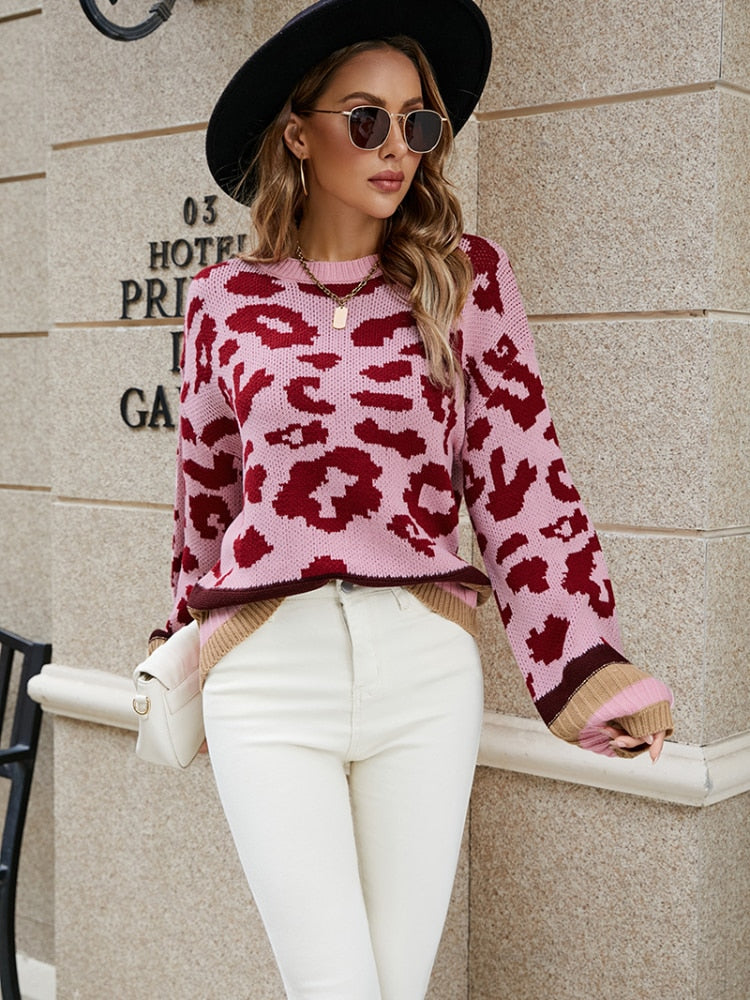 jinran Fashion Tops Women Autumn Winter New Leopard Print Stitching Sweater Streetwear Round Neck Long Sleeve Knitting Pullover