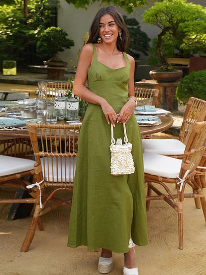 nvxiot  -  Square Neck Green Sling Long Dresses Women Elegant Front Split Sleeveless Sexy Dress Female Summer Vintage Holiday Robes