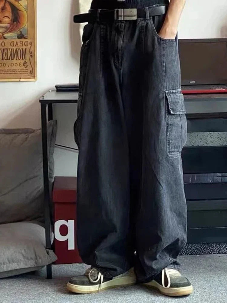 Baggy Jeans for Men Black Denim Cargo Pants Wide Leg Pants Oversize Cargo Pants Korean Streetwear Hip Hop Harajuku