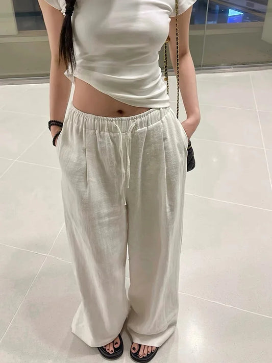 jinran Wide Leg White Linen Pants Woman Casual Basic Summer 2024 Oversize Female Straight Trousers Baggy Elastic Waist Pants