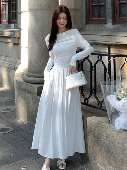 jinran Autumn Fashion White Knitted Dress Women Elegant Sexy Off Shoulder Slim A-Line Robe Korean Spring Casual Long Sleeve Clothing