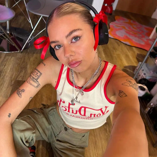 jinran Y2K Europe and America's top women's summer vest letter beige print spice girl retro short slim navel top fashion street Goth.