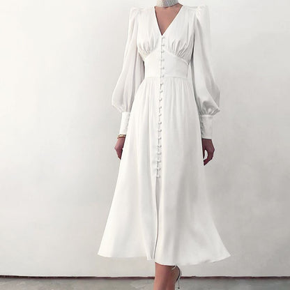jinran Women Autumn Puff Sleeve Elegant Dress Long Sleeve V Neck Slim Waist Long Dress Korean Fashion Vintage Dresses Female