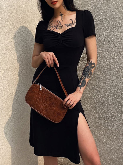 jinran Square Neck Elegant Ruched Black Dress Side Split Short Sleeve Casual Dress Female Gothic Summer Dresses Sundress New