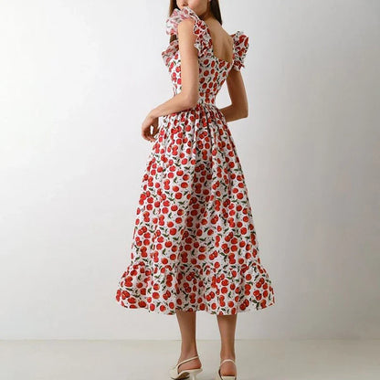 jinran Women Sexy Square Collar Hem Boho Long Dress Spring Print Button A-Line Party Dress Summer Puff Sleeve Ruffle Holiday Maxi Dress