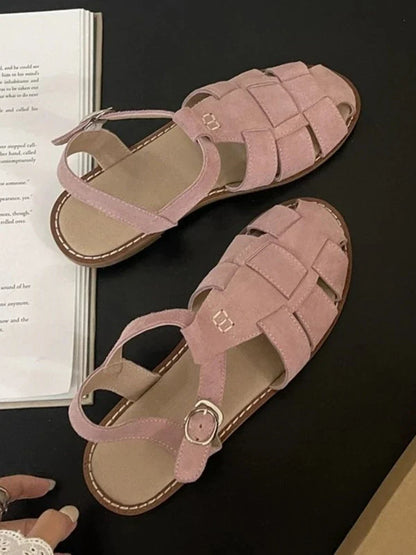 jinran Flat-soled Retro Genuine Leather Hollow Baotou Sandals Female Summer 2024 New Elegant Hollow Pig Cage Wrap Solid Women's Sandals