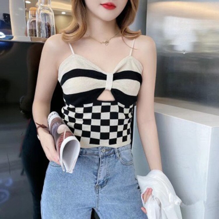 jinran Checkerboard Crop Top Women Sexy Hollowed Knitting Tank Top Bowknot Soft Comfortable Breathable Camisole 2022 New