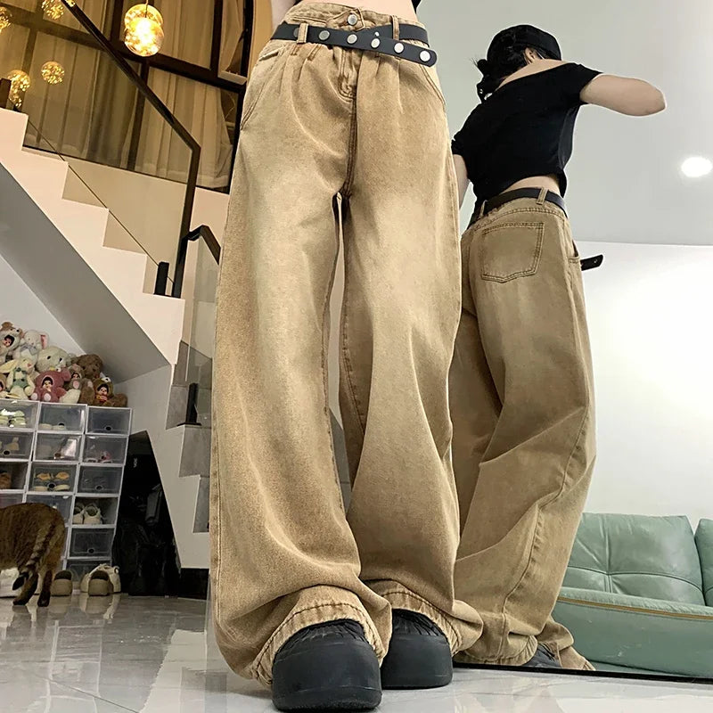 jinran Woman American High Waist 2000s Y2k Jeans Female 90s Vintage Designer Baggy Pants Girls Harajuku Fashion Brown Denim Trousers