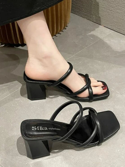 jinran Pure Color 2024 New Designer Summer Pumps Slippers Sandals Shoes Women Fashion High Heels Square Toe Line Strap Sandals Lady