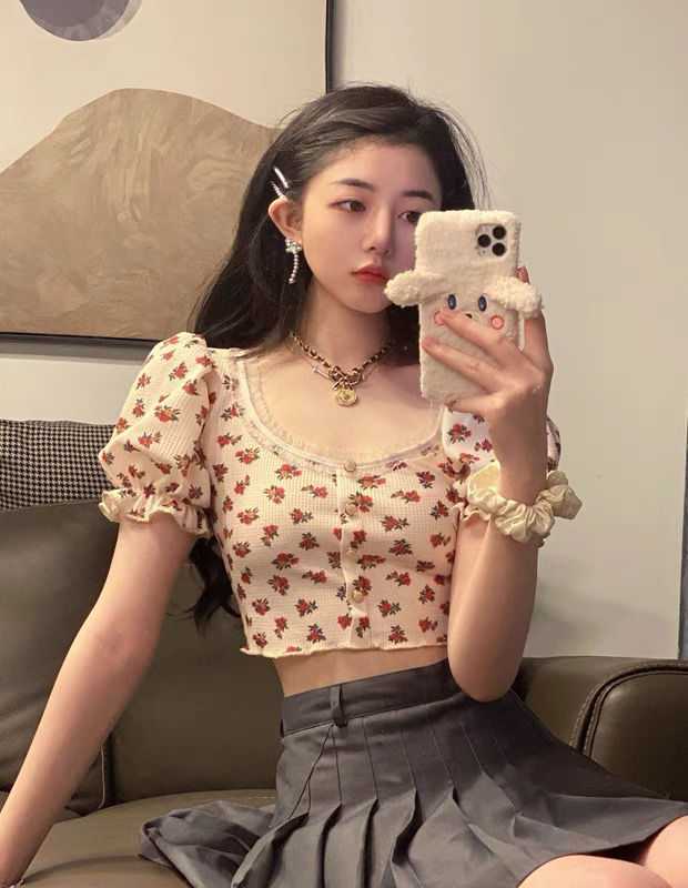 jinran Elegant French Style Summer Women Puff Sleeve Floral T shirts Casual Lace Patchwork Slim Cropped Tops Streetwear Harajuku Tee