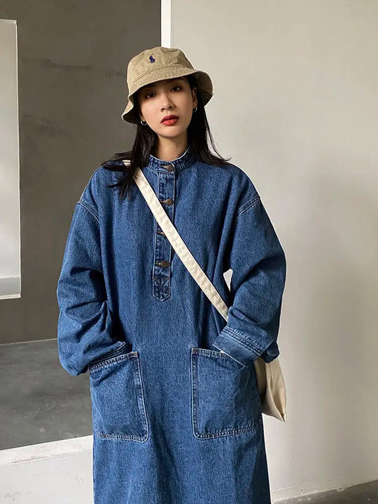 jinran Oversized Vintage Denim Dress Female Retro Japanese Loose Stand Collar Long Sleeves Big Pocket Long Dress 2022 New Spring