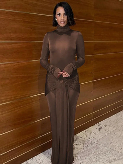 jinran Woman Clothing Turtleneck Low Waist Bandage Bodycon Holiday Dress Streetwear Autumn Winter Solid Slim Party Club Long Dresses