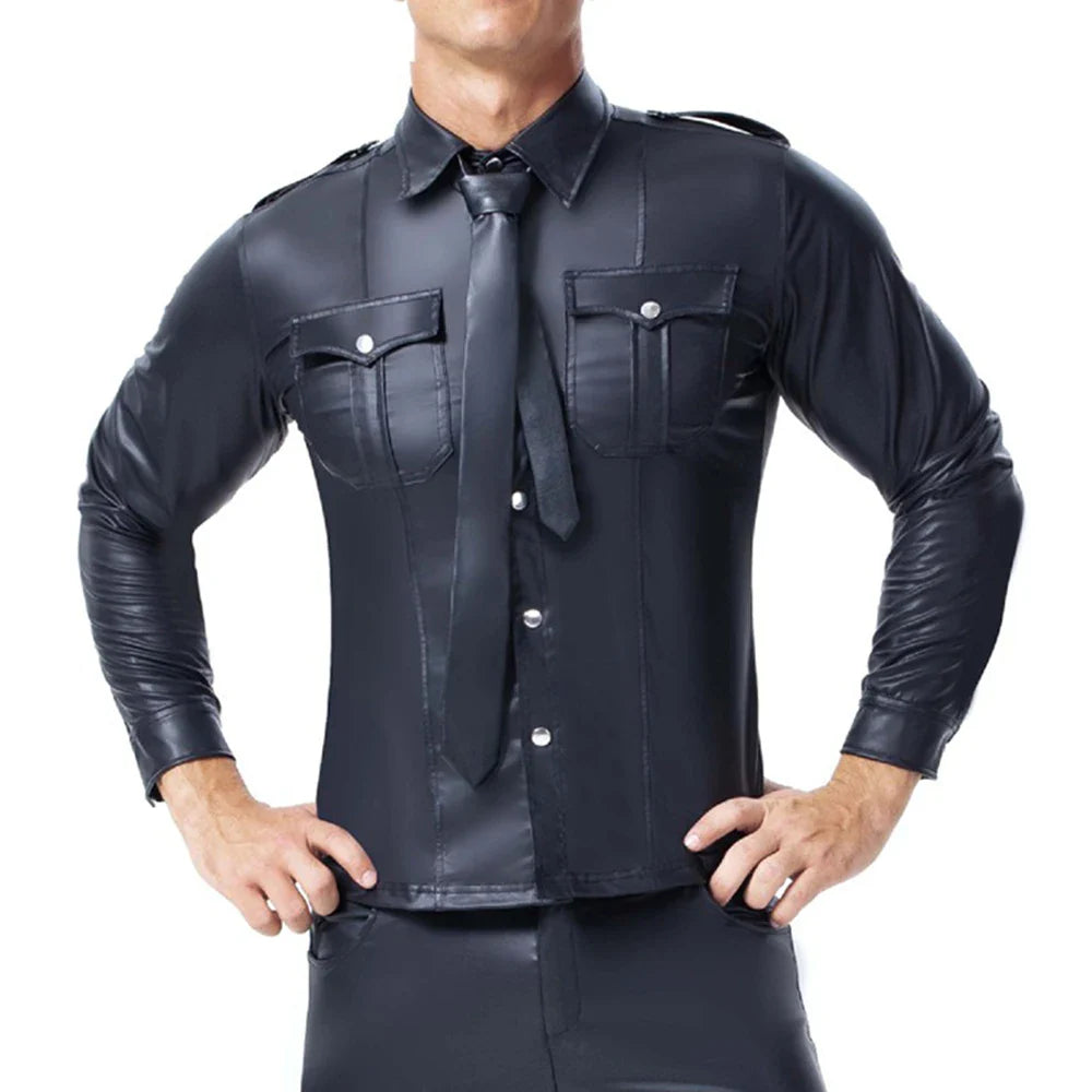 Fashion Black Faux Leather Men Oversize Fitness Shirts Long Sleeves Pocket PU Metal Fastener Tops Tees Sexy Slim Fit Sexy Shirt