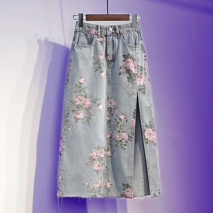 jinran Spring And Summer Trendy Flower Split Denim Skirt Women's 5XL Slightly Fat MM Thin Bag Hip Mid-length A-line Skirt
