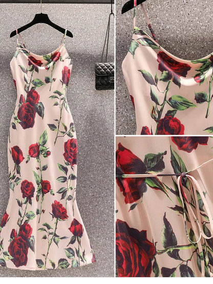 jinran 2024 Summer Vintage Elegant Rose Printing Sling Sexy Dress V-neck Chic Evening Chiffon Dresses Fashion Prom Party Maxi Vestidos