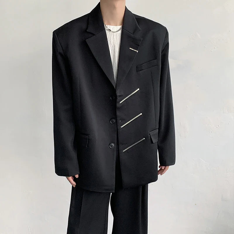 Oversized Black Blazer Men High-end Fashion Leisure Suit Jackets Multi-zippers Male Streetwear Casual Korean All-match Suit