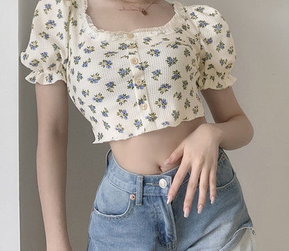 jinran Elegant French Style Summer Women Puff Sleeve Floral T shirts Casual Lace Patchwork Slim Cropped Tops Streetwear Harajuku Tee