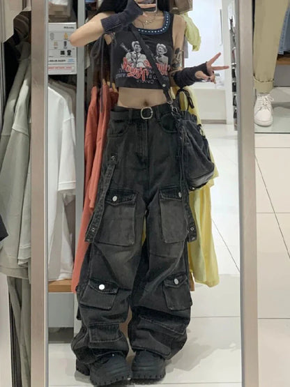 jinran Y2K Cargo Jeans Pants Women Street Loose Oversize Panelled Pentacle Raw Hem Pant 2024 Vintage Blue Hip Hop Female Denim Trousers