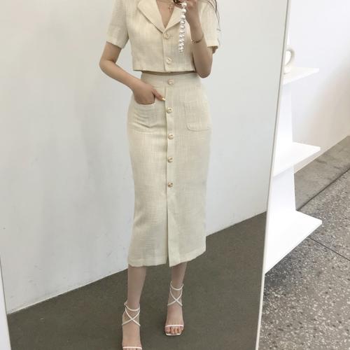 jinran Fashion Korea Elegant Lapel Thin Tweed Small Suit Short Jacket + High Waist Chic Button Slim Womens Two Piece Skirt Sets Summer