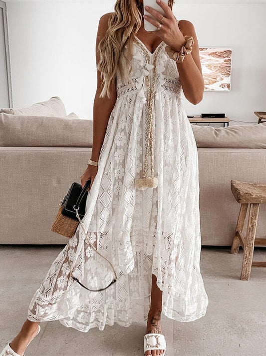 jinran Summer Boho Long Dresses Women Lace V Neck Spaghetti Strap Dress Lady Off Shoulder Beach Sundress White Dress Vestidos De Mujer