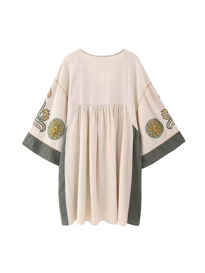 jinran Summer Women Embroidery Dress 2024 New Female V-Neck Flare Three Quarter Sleeve Leisure Vacation Style Loose Mini Dress