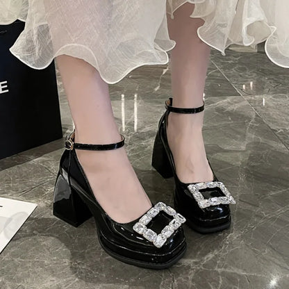 jinran 2024 Women Autumn Style Fashion Square Head Brand Design Female Mary Jane Shoes Casual Banquet Party Female High Heels Zapatos