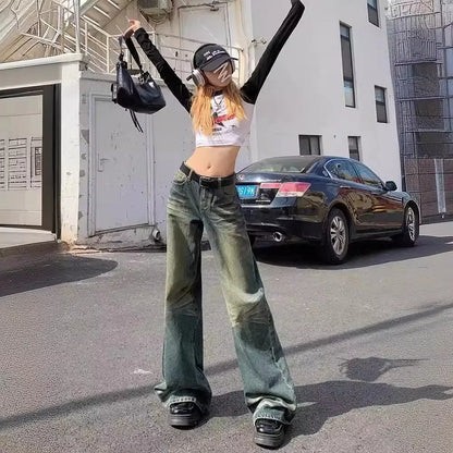 jinran American Retro Hottie Low-waist Jeans for Women 2024 Summer Old Washed Wide-leg Pants Loose Straight Leg Mopping Pants