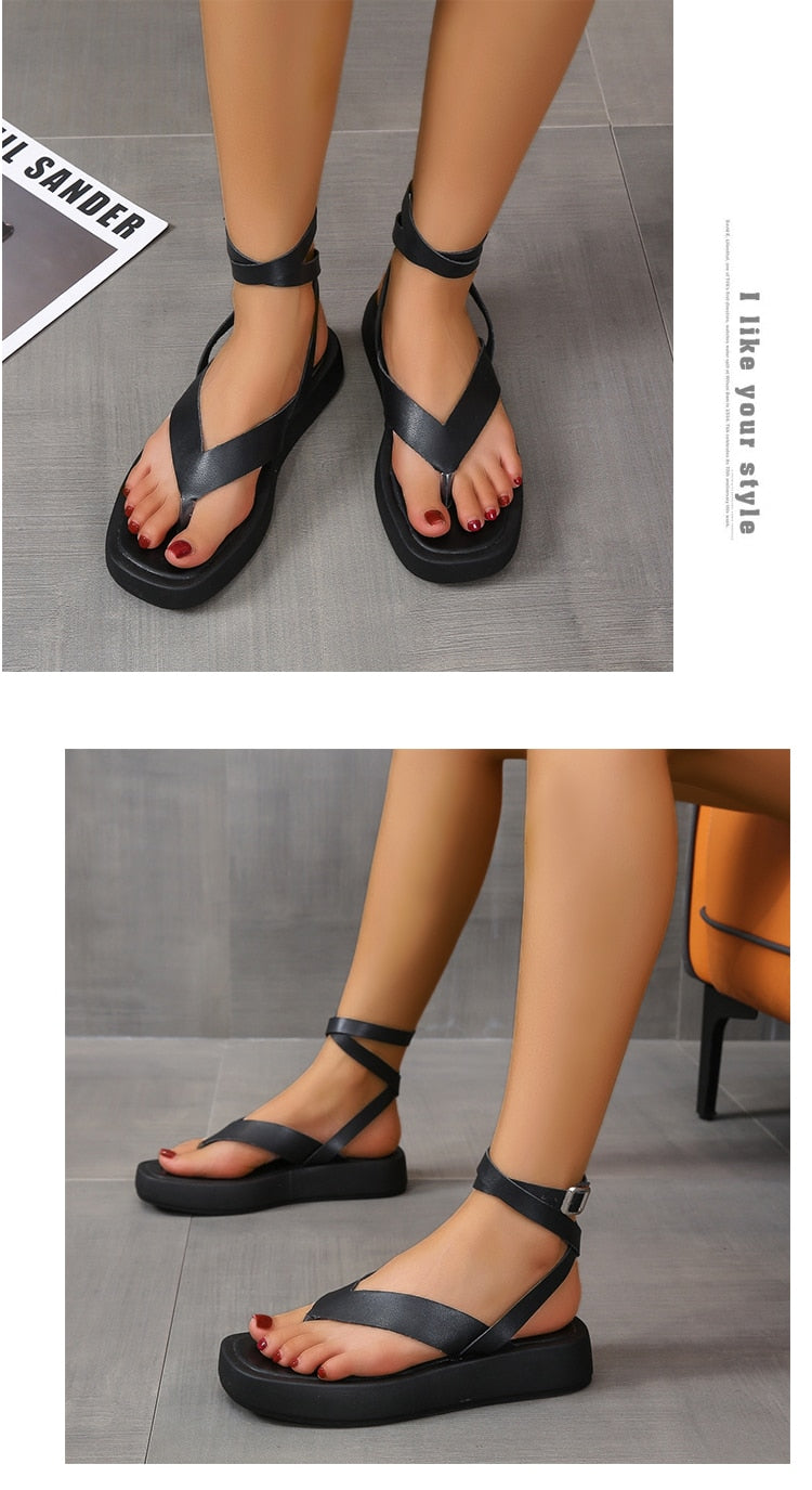 jinran Summer New Thick-soled Sandals Women's Platform Thick-soled Slip-toe Ankle Cross Buckle Sports Sandals Women Beach Shoes