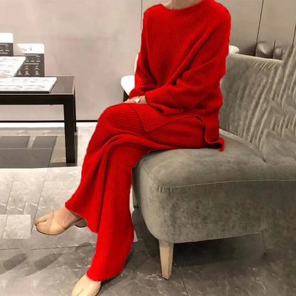 jinran Lady Home Suit Autumn Fashion Soft Casual O-Neck Pullover Tops+Knitted Pant New Homewear Pajama Winter Solid Women Two Piece Set