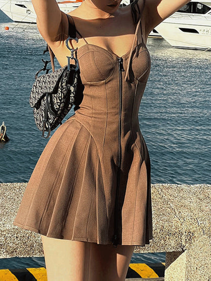 jinran Women A-Line Mini Dress Sexy Spaghetti Strap Bodycon Dress Summer Short Dress Ladies Casual Front Zipper Backless Skinny Dresses