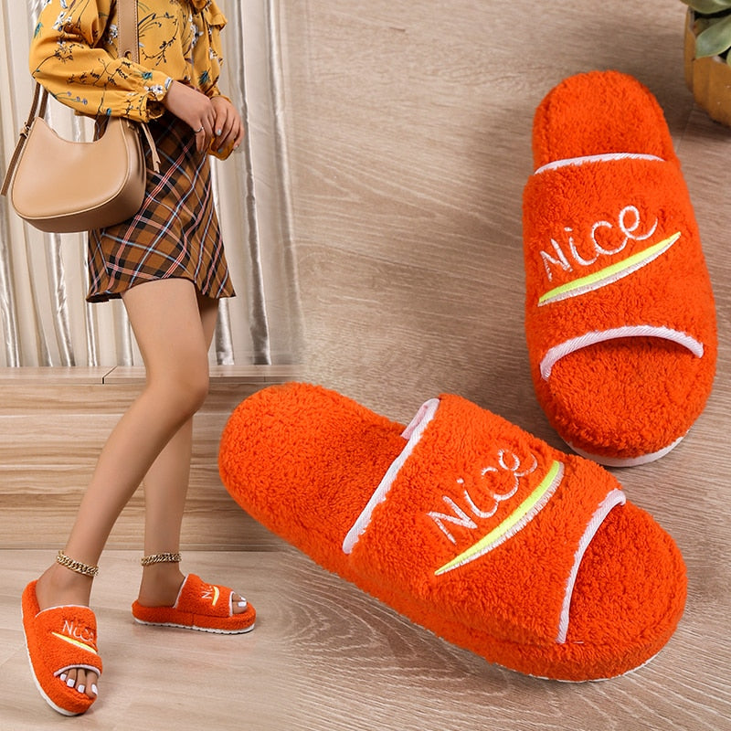 jinran 2022 Women New Luxury Brand One-word Thick-soled Warm Furry Women's Shoes Embossed Cotton Drag Outdoor All-match Casual Slippers