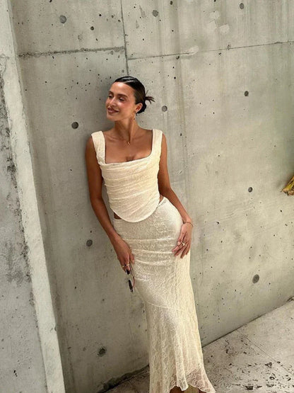 jinran Elegant Women 2 Piece Dress Set 2024 Maxi Wedding Guest Dress Lace Up Crop Top and Maxi Skirt Set Formal Event Dress