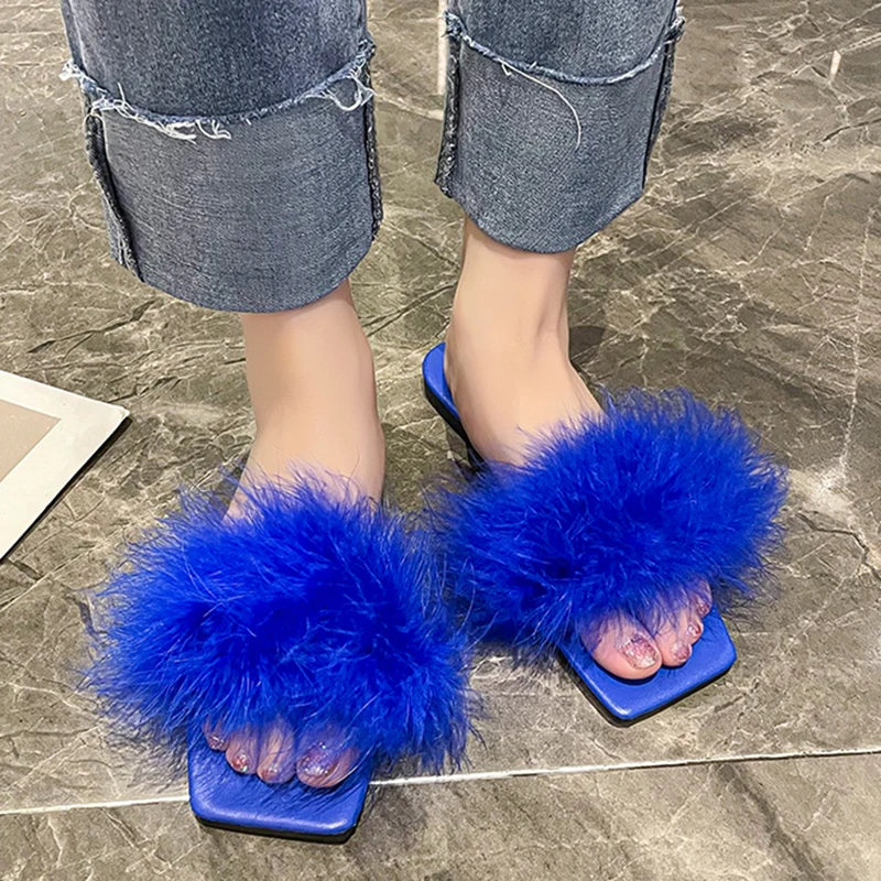 jinran Blue Summer Flat Fur Slipper Women 2024 Soft Bottom Non Slip Slides Shoes Woman Fashion Square Toe Fluffy Slippers